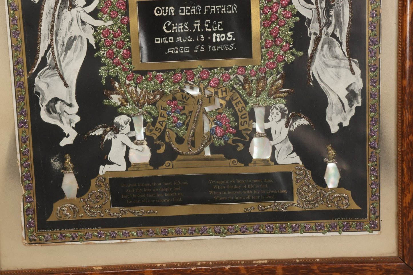Lot 003 - Antique Edwardian Mourning Memorial Lithograph "In Loving Memory Of Our Dear Father Chas. E. Ege, Died August 13, 1905" With Gold And Glitter Accents, Mother Of Pearl Backing, Copyright 1903, William F. Hall, Philadelphia, 21-1/2" x 25-5/8"