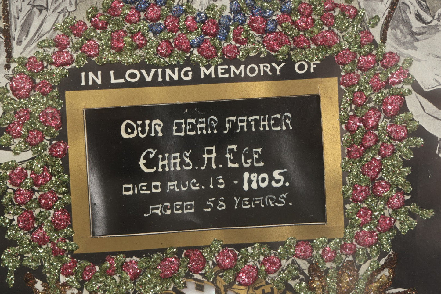 Lot 003 - Antique Edwardian Mourning Memorial Lithograph "In Loving Memory Of Our Dear Father Chas. E. Ege, Died August 13, 1905" With Gold And Glitter Accents, Mother Of Pearl Backing, Copyright 1903, William F. Hall, Philadelphia, 21-1/2" x 25-5/8"