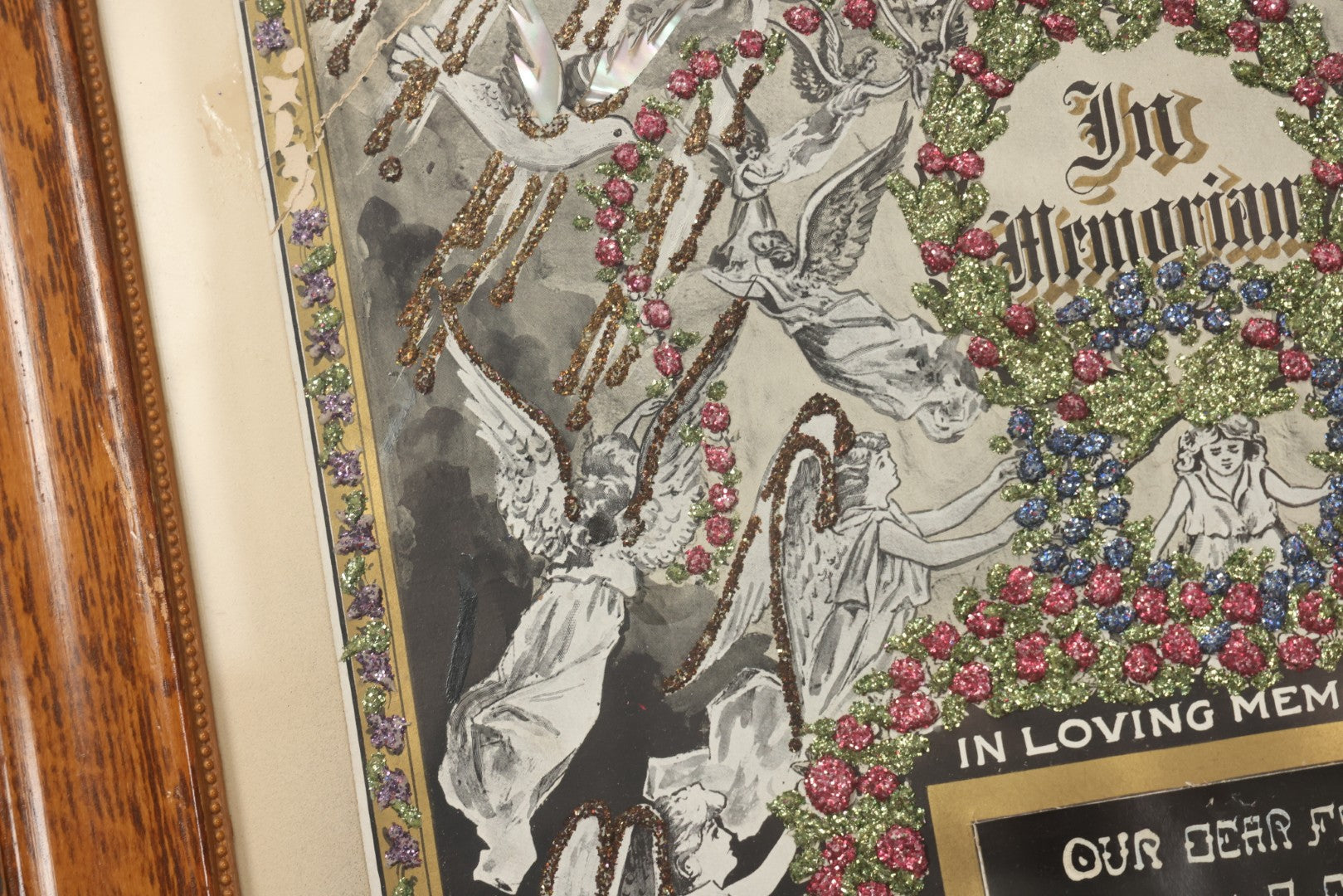 Lot 003 - Antique Edwardian Mourning Memorial Lithograph "In Loving Memory Of Our Dear Father Chas. E. Ege, Died August 13, 1905" With Gold And Glitter Accents, Mother Of Pearl Backing, Copyright 1903, William F. Hall, Philadelphia, 21-1/2" x 25-5/8"