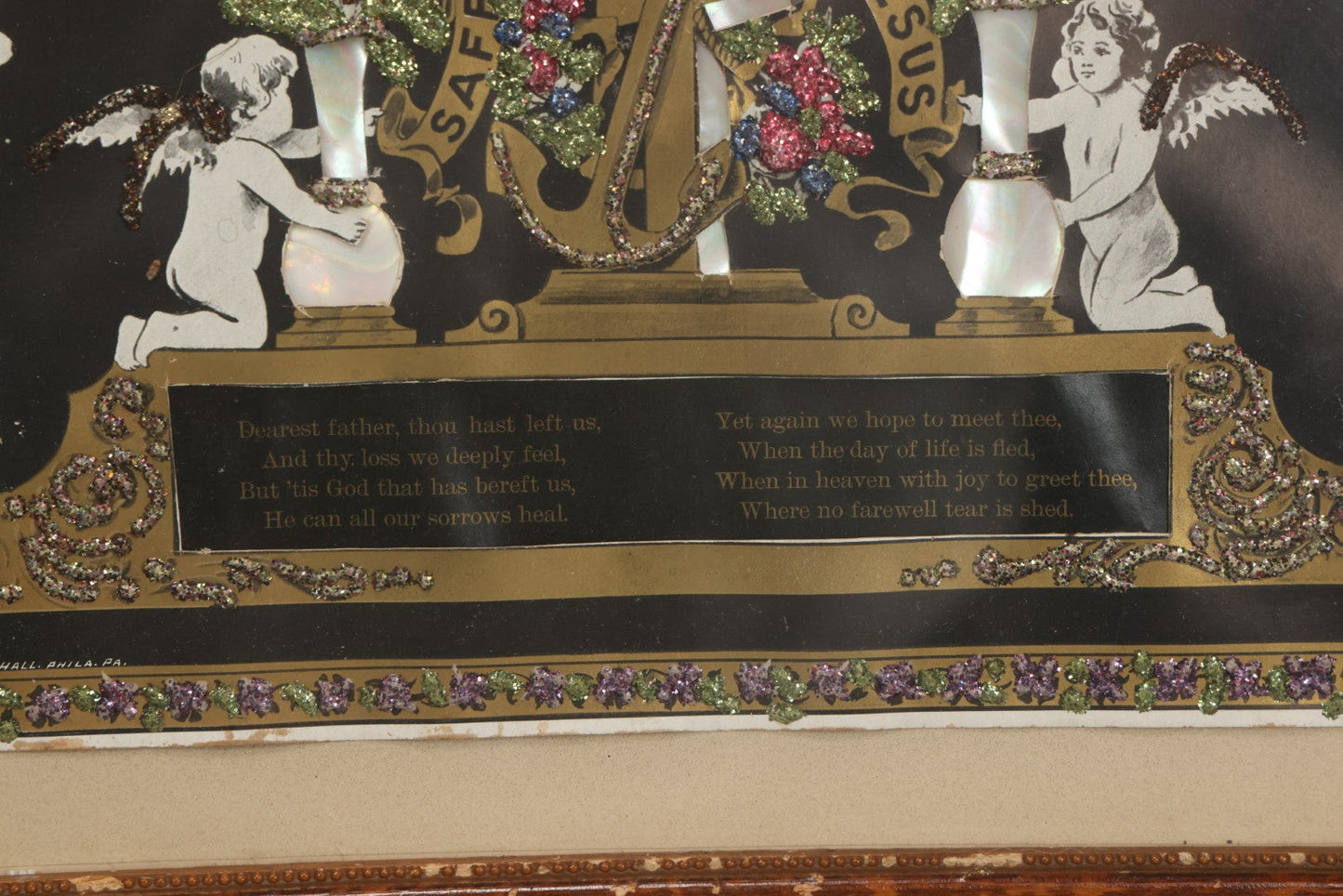 Lot 003 - Antique Edwardian Mourning Memorial Lithograph "In Loving Memory Of Our Dear Father Chas. E. Ege, Died August 13, 1905" With Gold And Glitter Accents, Mother Of Pearl Backing, Copyright 1903, William F. Hall, Philadelphia, 21-1/2" x 25-5/8"