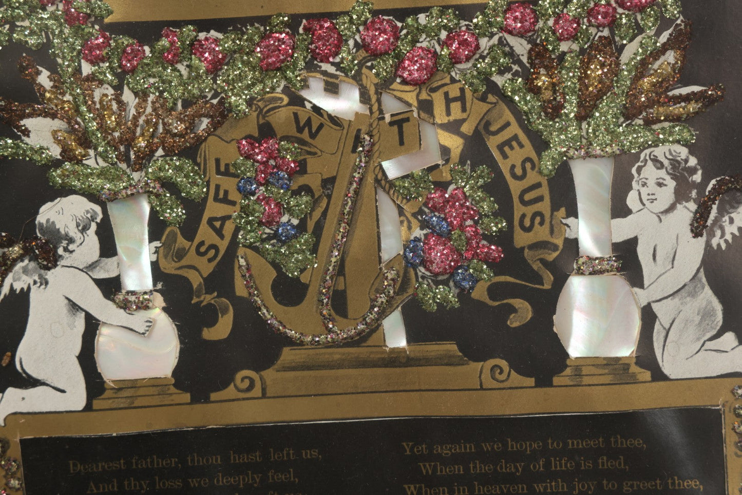 Lot 003 - Antique Edwardian Mourning Memorial Lithograph "In Loving Memory Of Our Dear Father Chas. E. Ege, Died August 13, 1905" With Gold And Glitter Accents, Mother Of Pearl Backing, Copyright 1903, William F. Hall, Philadelphia, 21-1/2" x 25-5/8"