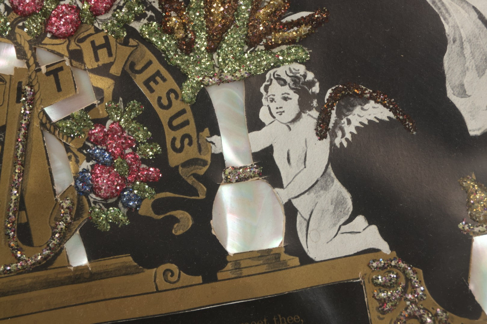 Lot 003 - Antique Edwardian Mourning Memorial Lithograph "In Loving Memory Of Our Dear Father Chas. E. Ege, Died August 13, 1905" With Gold And Glitter Accents, Mother Of Pearl Backing, Copyright 1903, William F. Hall, Philadelphia, 21-1/2" x 25-5/8"