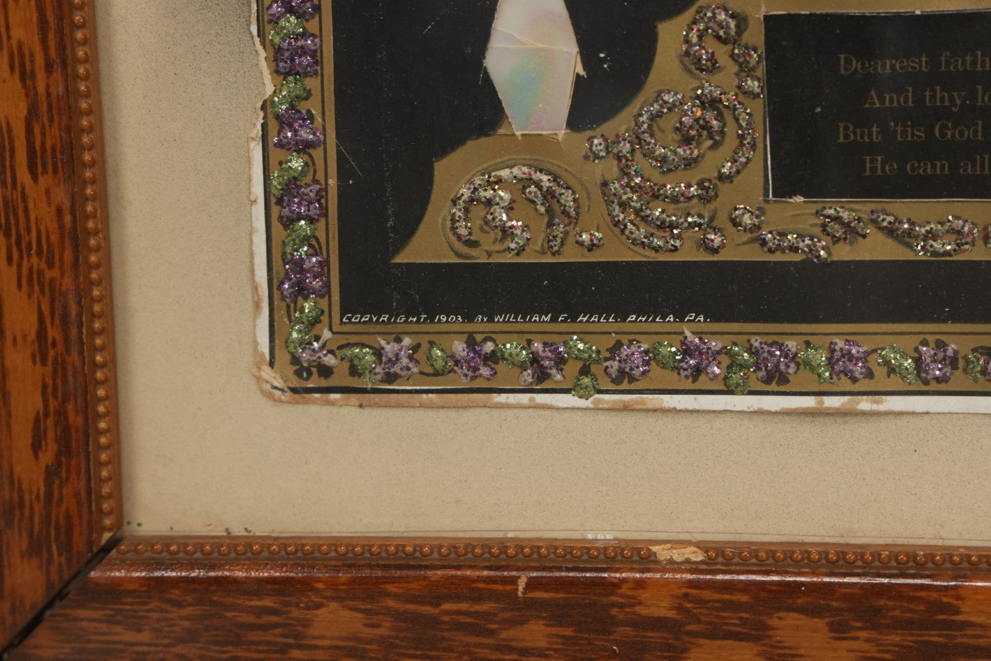 Lot 003 - Antique Edwardian Mourning Memorial Lithograph "In Loving Memory Of Our Dear Father Chas. E. Ege, Died August 13, 1905" With Gold And Glitter Accents, Mother Of Pearl Backing, Copyright 1903, William F. Hall, Philadelphia, 21-1/2" x 25-5/8"