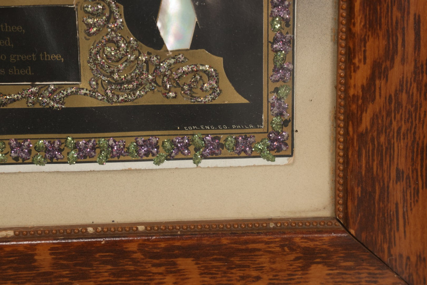 Lot 003 - Antique Edwardian Mourning Memorial Lithograph "In Loving Memory Of Our Dear Father Chas. E. Ege, Died August 13, 1905" With Gold And Glitter Accents, Mother Of Pearl Backing, Copyright 1903, William F. Hall, Philadelphia, 21-1/2" x 25-5/8"