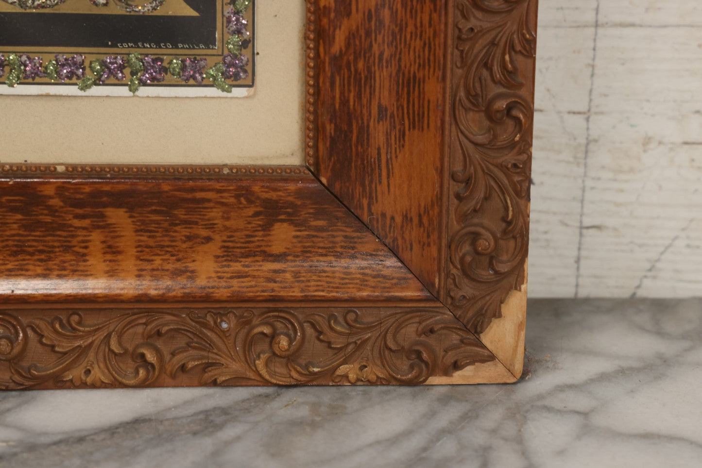 Lot 003 - Antique Edwardian Mourning Memorial Lithograph "In Loving Memory Of Our Dear Father Chas. E. Ege, Died August 13, 1905" With Gold And Glitter Accents, Mother Of Pearl Backing, Copyright 1903, William F. Hall, Philadelphia, 21-1/2" x 25-5/8"