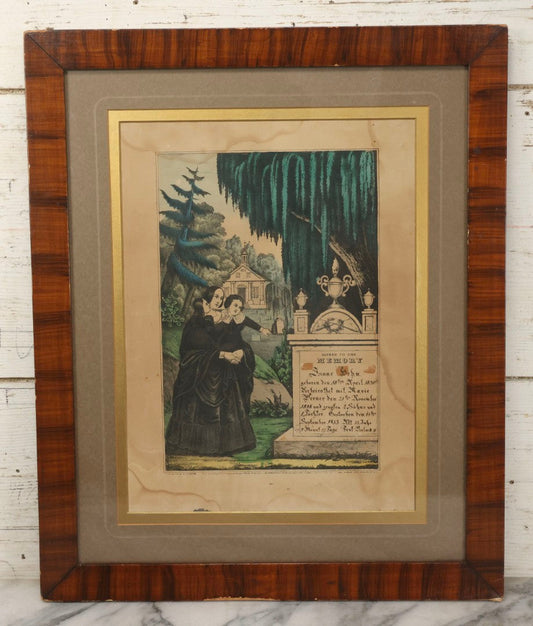 Lot 004 - Antique Victorian Memorial Mourning Hand Colored Lithograph By N. Currier, Published 1846, Depicting Mother And Two Children At Graveside, Sacred To The Memory Of Isaac Kehn (1820–1853) With German Inscription, 18-1/2" x 22-1/2"