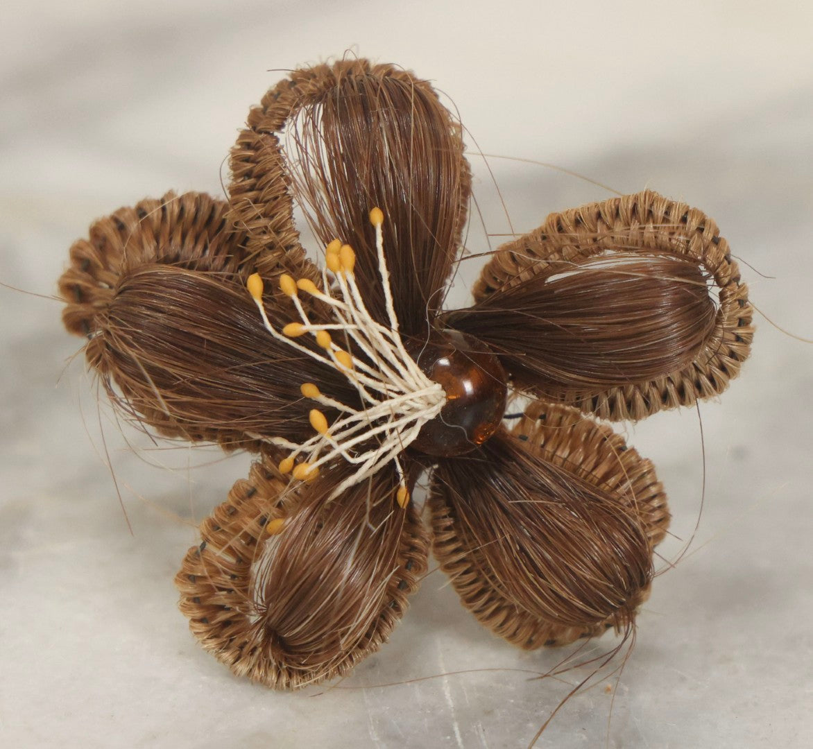 Lot 008 - Grouping Of Five Antique Victorian Human Hair Work Flowers With Beadwork Plus Fragment In Montgomery Ward & Co. Chicago Paper Box