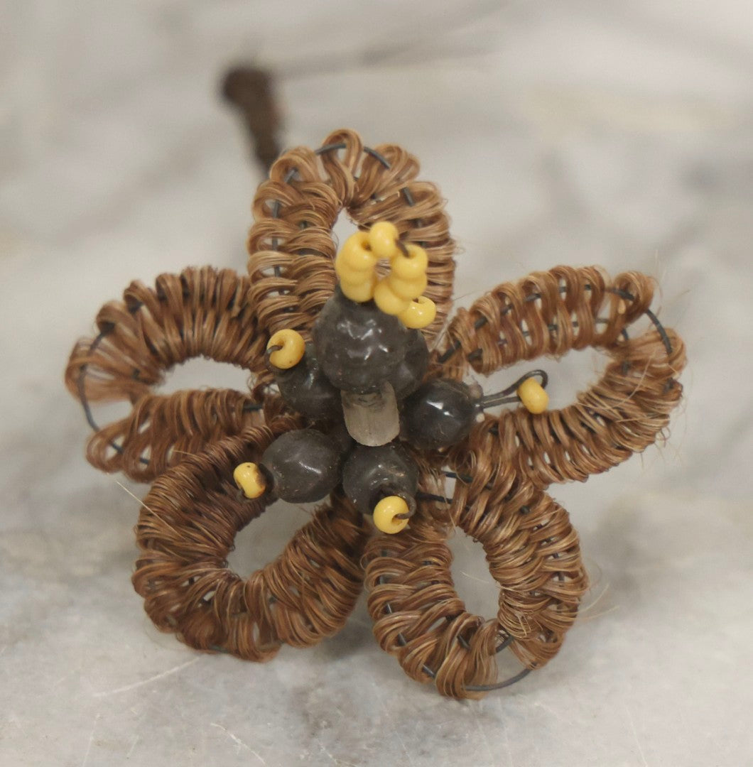 Lot 008 - Grouping Of Five Antique Victorian Human Hair Work Flowers With Beadwork Plus Fragment In Montgomery Ward & Co. Chicago Paper Box