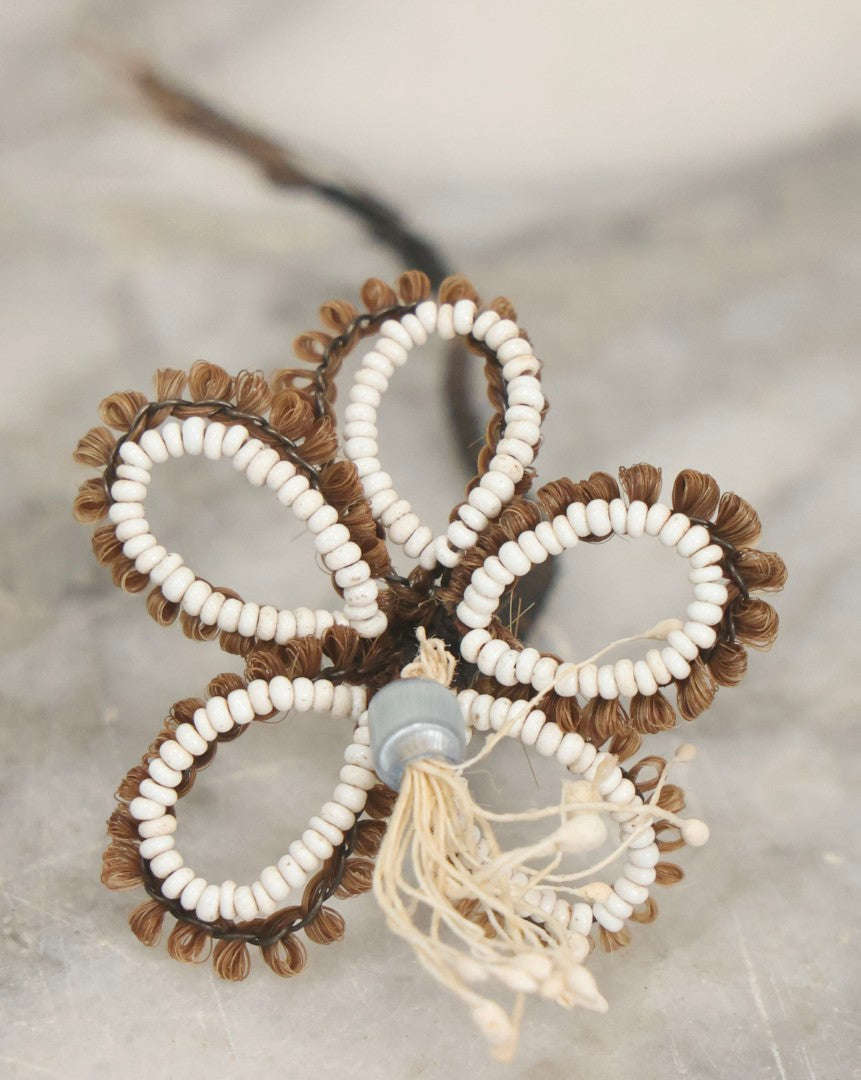 Lot 008 - Grouping Of Five Antique Victorian Human Hair Work Flowers With Beadwork Plus Fragment In Montgomery Ward & Co. Chicago Paper Box