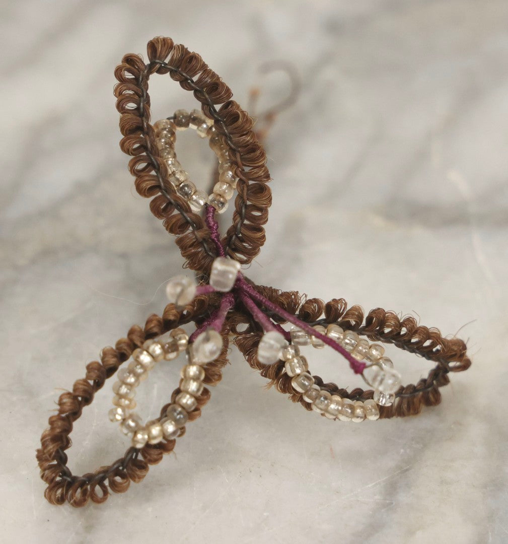 Lot 008 - Grouping Of Five Antique Victorian Human Hair Work Flowers With Beadwork Plus Fragment In Montgomery Ward & Co. Chicago Paper Box