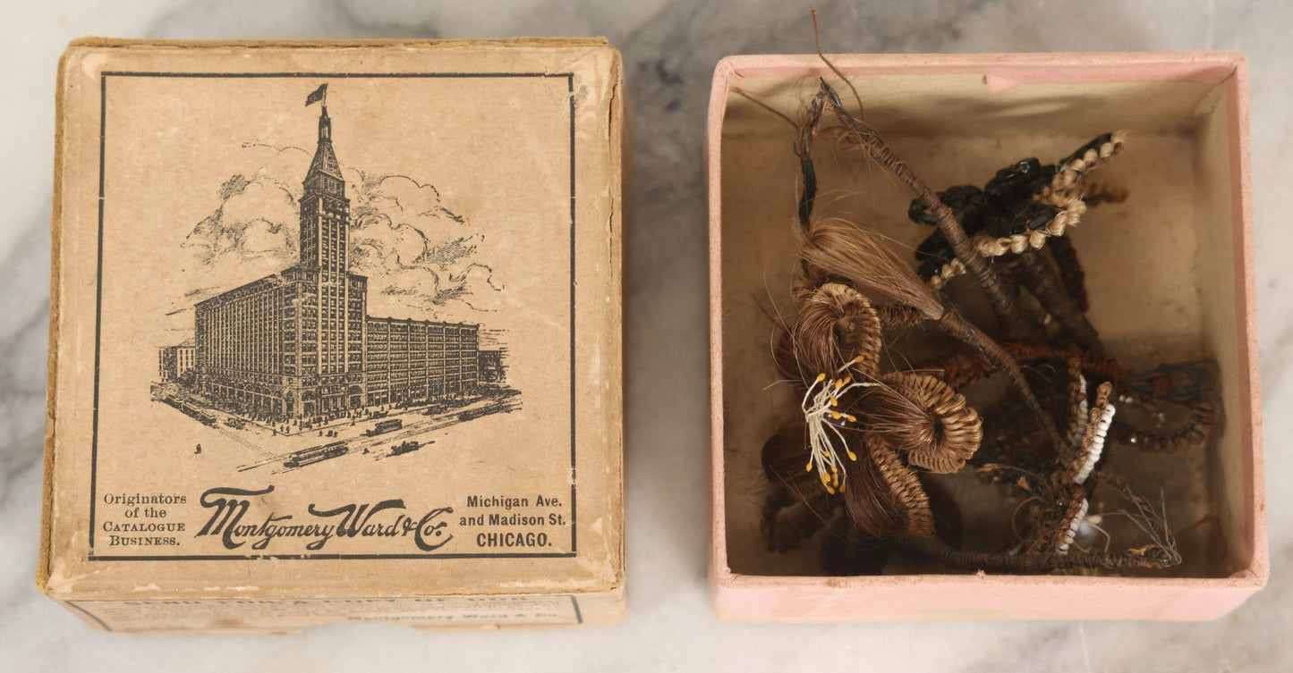 Lot 008 - Grouping Of Five Antique Victorian Human Hair Work Flowers With Beadwork Plus Fragment In Montgomery Ward & Co. Chicago Paper Box