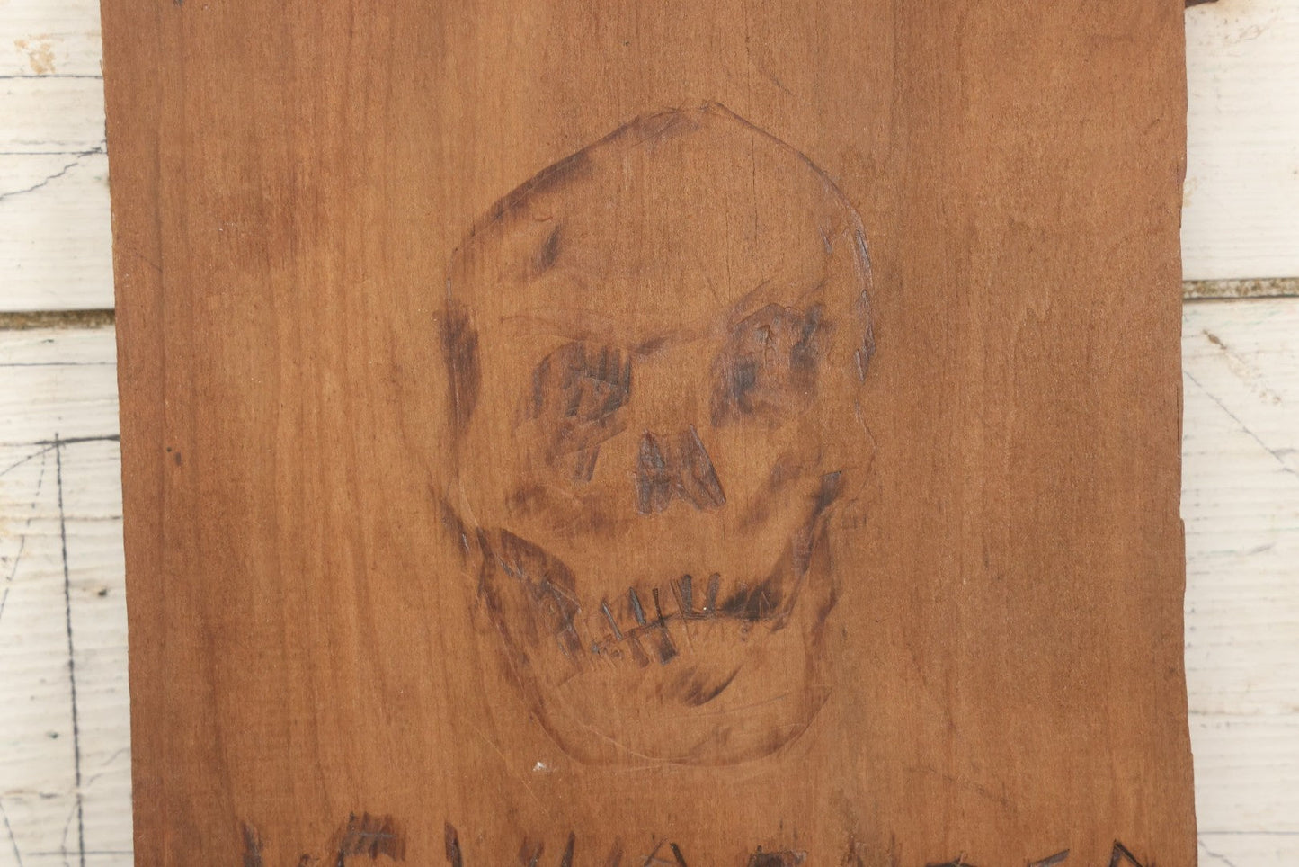 Lot 009 - Vintage Double-Sided Carved And Pyrography Wooden Sign, "Abandon All Hope Ye Who Enter Here" With Skull, And Music-Playing Travelers On Donkeys In Stoney Landscape, 8-3/8" x 15"