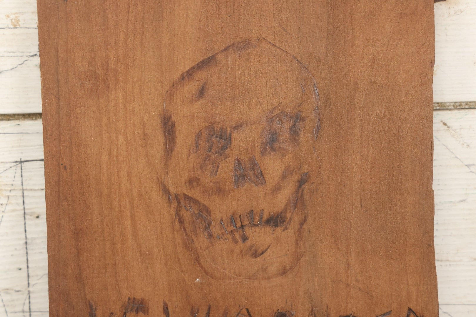 Lot 009 - Vintage Double-Sided Carved And Pyrography Wooden Sign, "Abandon All Hope Ye Who Enter Here" With Skull, And Music-Playing Travelers On Donkeys In Stoney Landscape, 8-3/8" x 15"