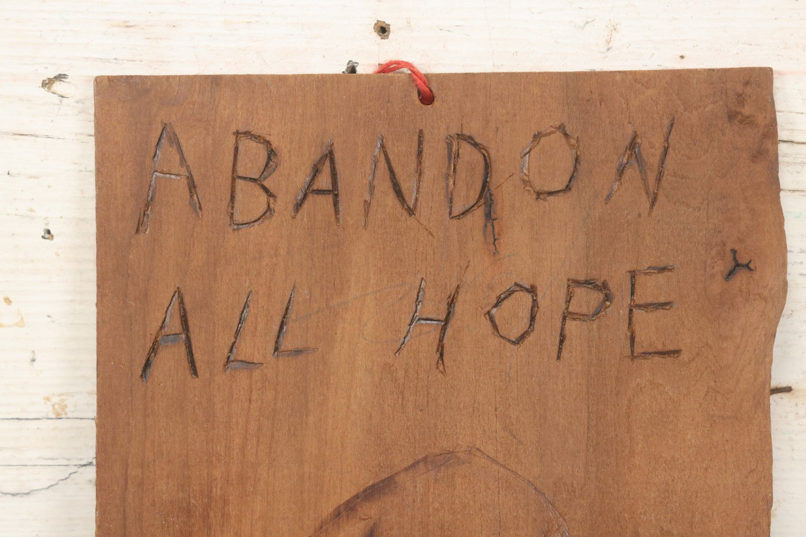 Lot 009 - Vintage Double-Sided Carved And Pyrography Wooden Sign, "Abandon All Hope Ye Who Enter Here" With Skull, And Music-Playing Travelers On Donkeys In Stoney Landscape, 8-3/8" x 15"