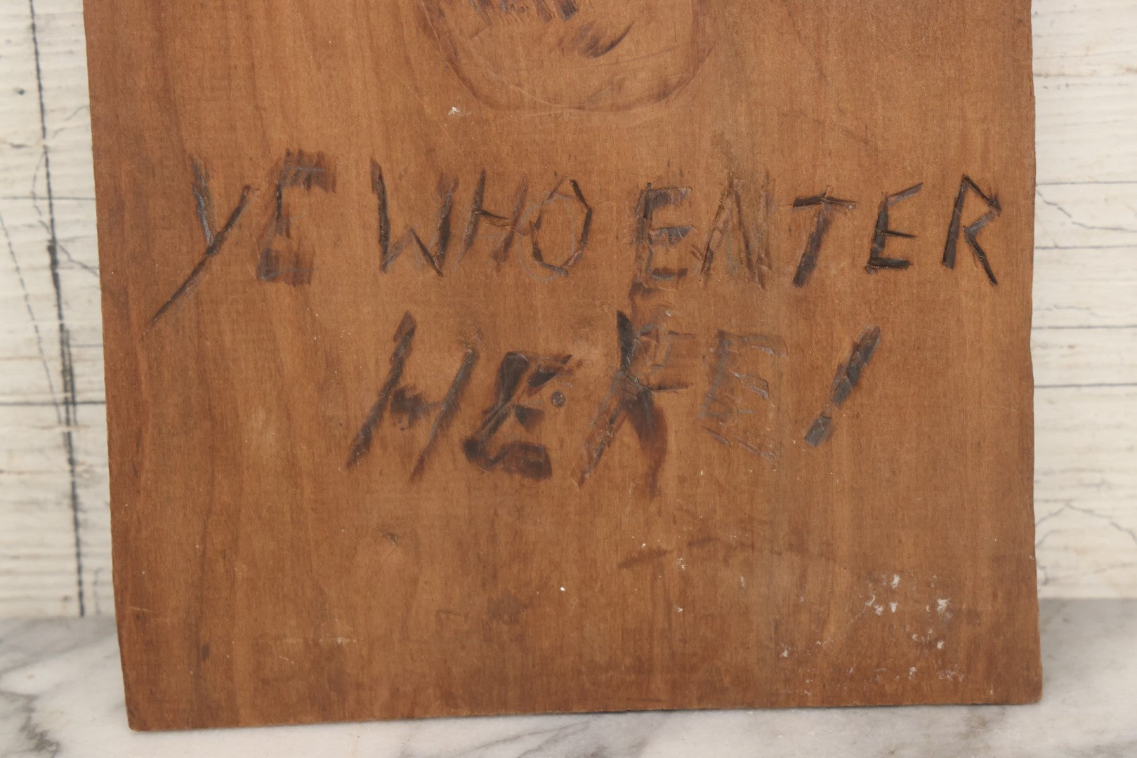 Lot 009 - Vintage Double-Sided Carved And Pyrography Wooden Sign, "Abandon All Hope Ye Who Enter Here" With Skull, And Music-Playing Travelers On Donkeys In Stoney Landscape, 8-3/8" x 15"
