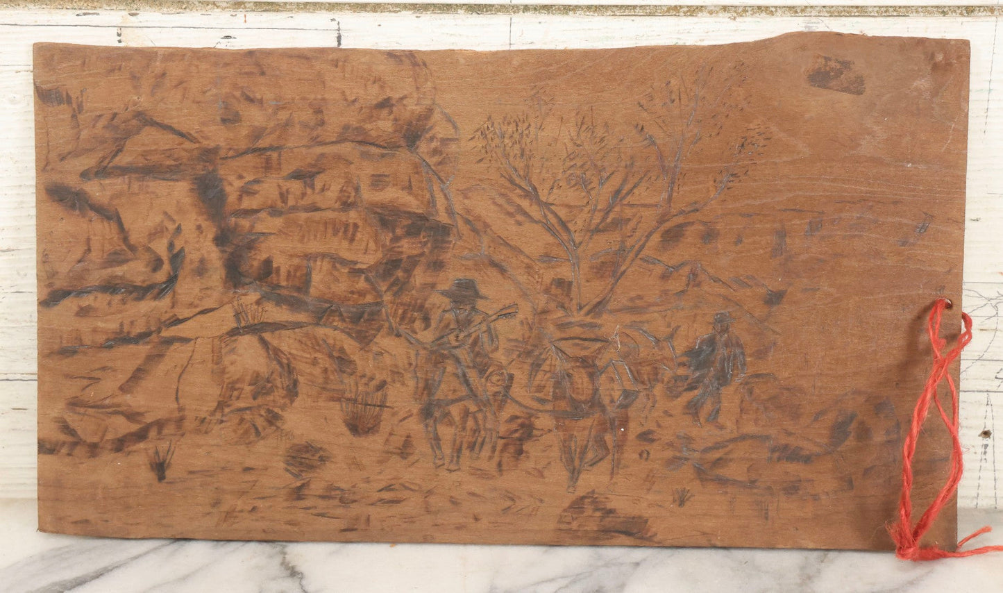 Lot 009 - Vintage Double-Sided Carved And Pyrography Wooden Sign, "Abandon All Hope Ye Who Enter Here" With Skull, And Music-Playing Travelers On Donkeys In Stoney Landscape, 8-3/8" x 15"