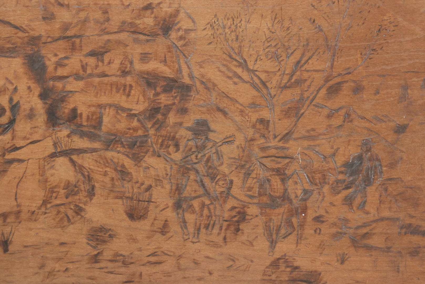 Lot 009 - Vintage Double-Sided Carved And Pyrography Wooden Sign, "Abandon All Hope Ye Who Enter Here" With Skull, And Music-Playing Travelers On Donkeys In Stoney Landscape, 8-3/8" x 15"