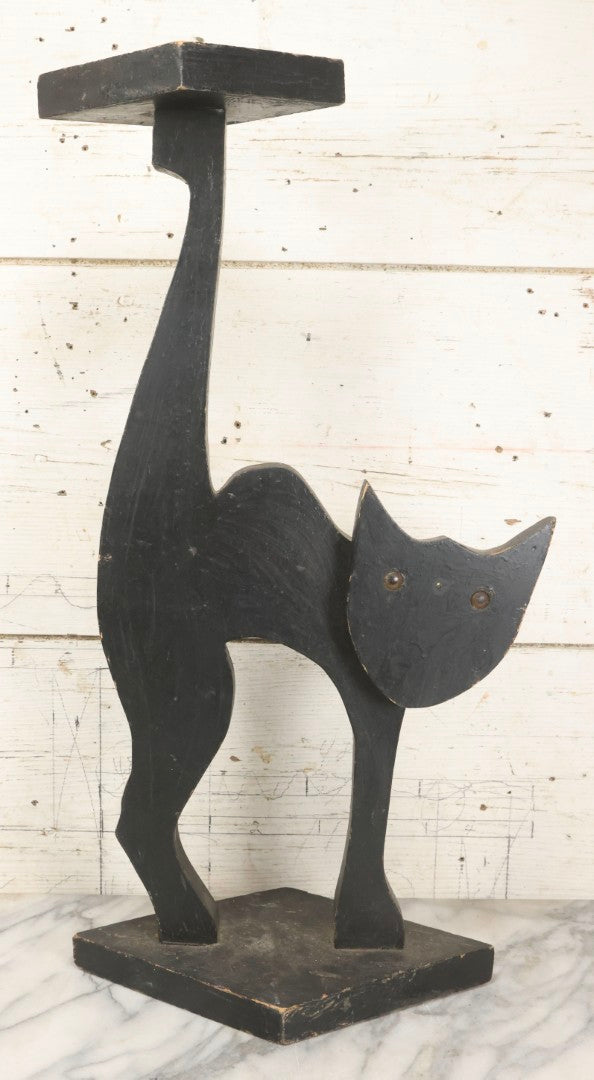 Lot 010 - Antique Folk Art Wooden Black Cat Silent Butler Ashtray Stand With Brown Glass Eyes And Diamond Tray, Unfinished Appearance, 24-5/8" H