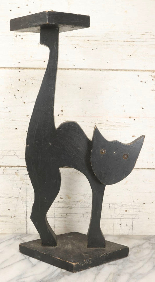 Lot 010 - Antique Folk Art Wooden Black Cat Silent Butler Ashtray Stand With Brown Glass Eyes And Diamond Tray, Unfinished Appearance, 24-5/8" H