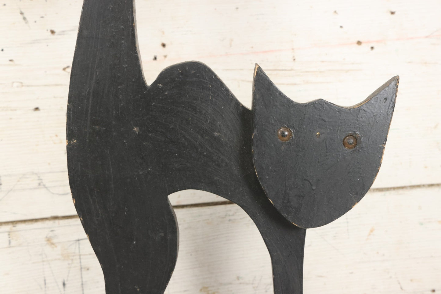 Lot 010 - Antique Folk Art Wooden Black Cat Silent Butler Ashtray Stand With Brown Glass Eyes And Diamond Tray, Unfinished Appearance, 24-5/8" H
