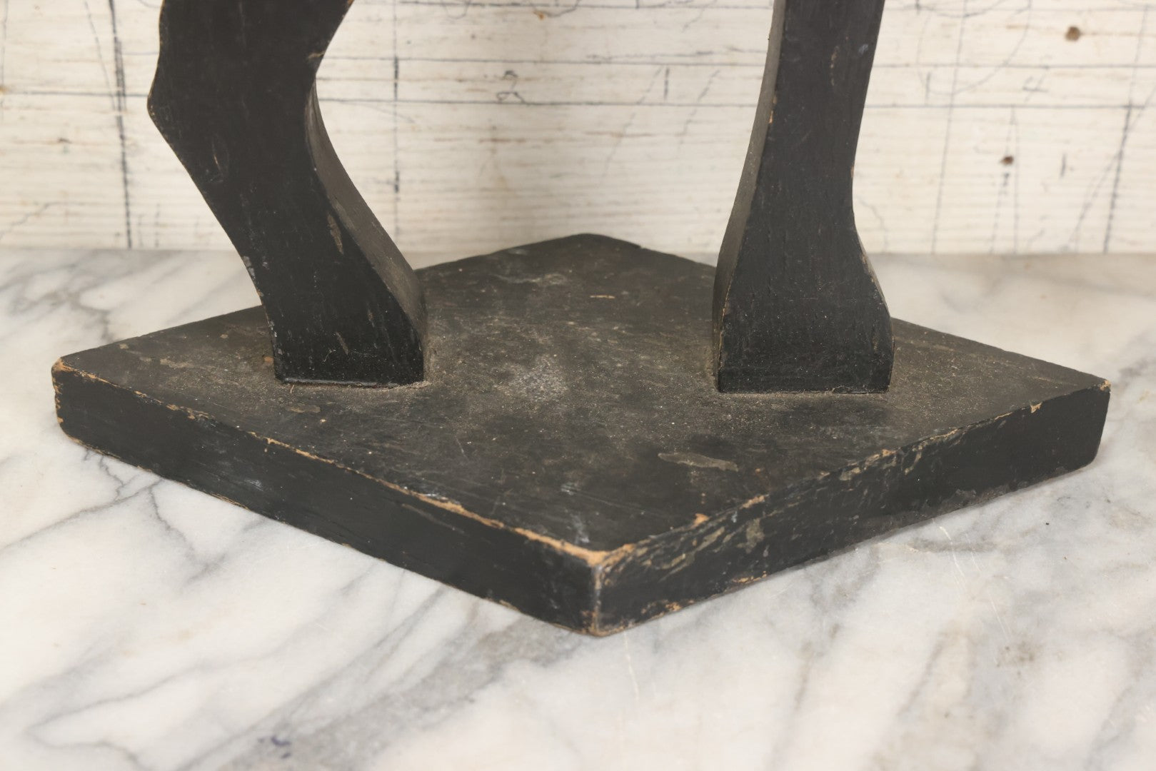 Lot 010 - Antique Folk Art Wooden Black Cat Silent Butler Ashtray Stand With Brown Glass Eyes And Diamond Tray, Unfinished Appearance, 24-5/8" H