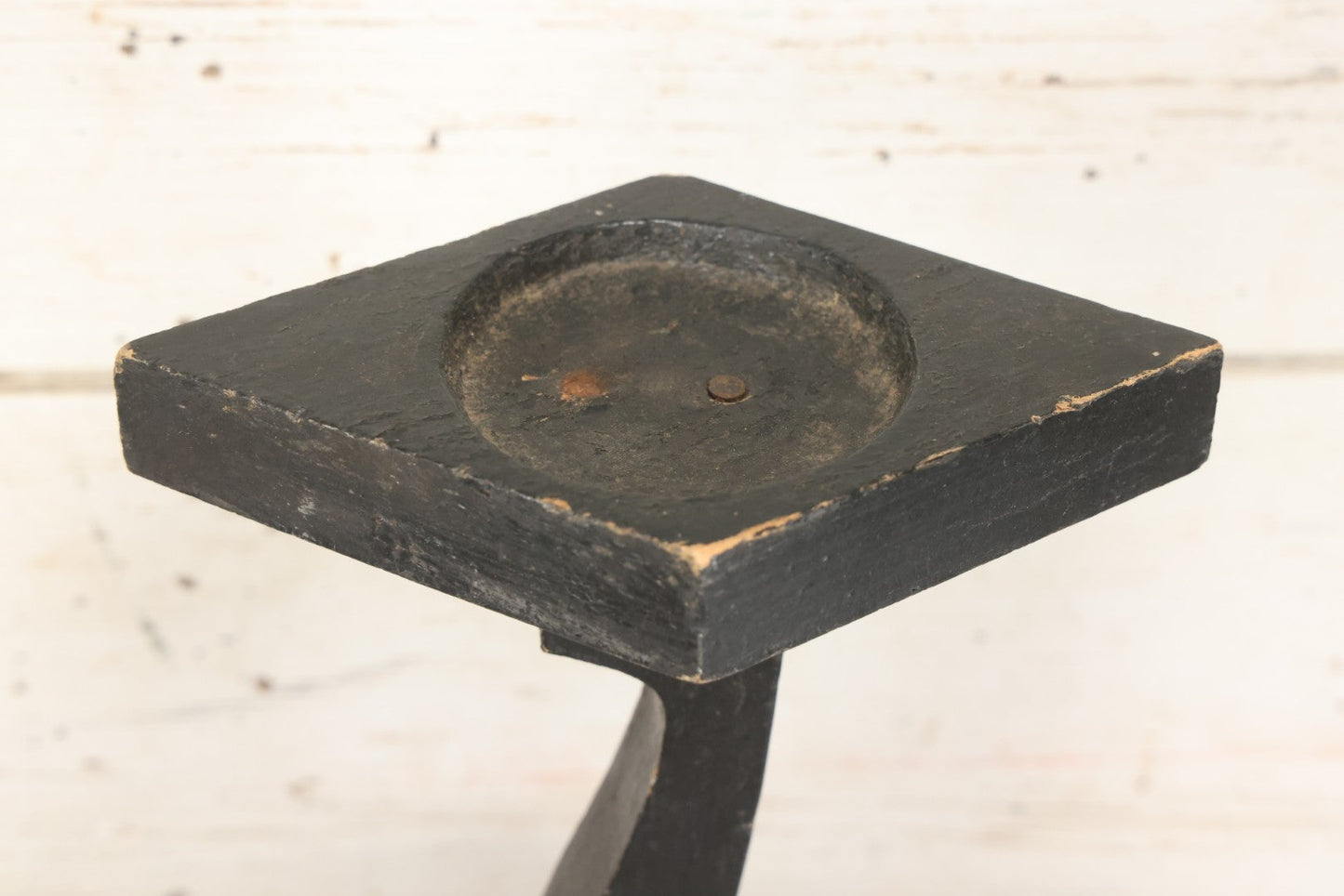 Lot 010 - Antique Folk Art Wooden Black Cat Silent Butler Ashtray Stand With Brown Glass Eyes And Diamond Tray, Unfinished Appearance, 24-5/8" H