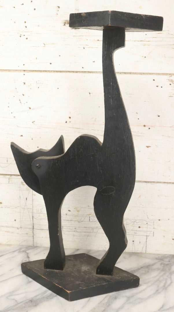 Lot 010 - Antique Folk Art Wooden Black Cat Silent Butler Ashtray Stand With Brown Glass Eyes And Diamond Tray, Unfinished Appearance, 24-5/8" H