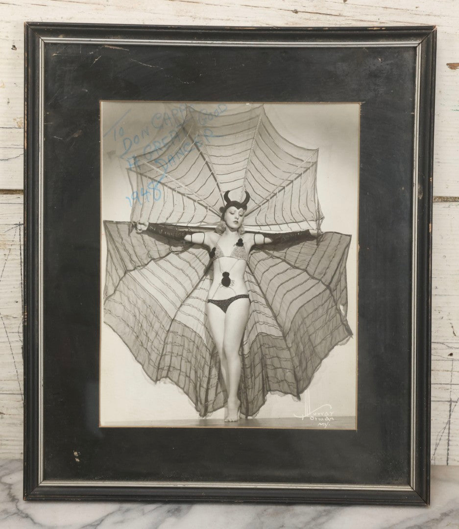 Lot 011 - Vintage Glossy Promotional Photograph Of Dancer In Risque Spider Costume, "Interpretation Of A Black Widow Spider," Photo By Murray Korman, New York City, Inscribed 1948 To Don Cappo, Possibly Depicting Dancer Lee Val, Framed, 11-3/4" x 13-3/4"