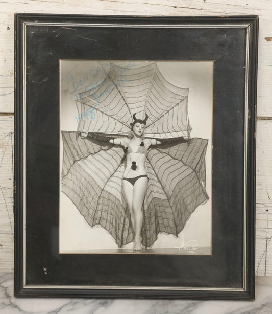 Lot 011 - Vintage Glossy Promotional Photograph Of Dancer In Risque Spider Costume, "Interpretation Of A Black Widow Spider," Photo By Murray Korman, New York City, Inscribed 1948 To Don Cappo, Possibly Depicting Dancer Lee Val, Framed, 11-3/4" x 13-3/4"