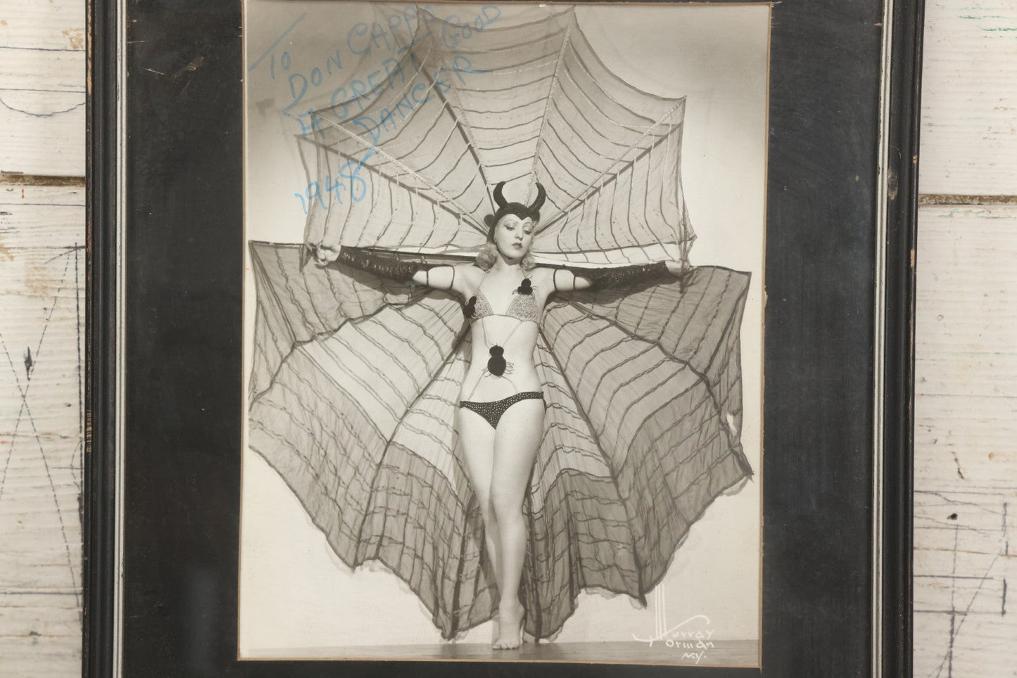 Lot 011 - Vintage Glossy Promotional Photograph Of Dancer In Risque Spider Costume, "Interpretation Of A Black Widow Spider," Photo By Murray Korman, New York City, Inscribed 1948 To Don Cappo, Possibly Depicting Dancer Lee Val, Framed, 11-3/4" x 13-3/4"