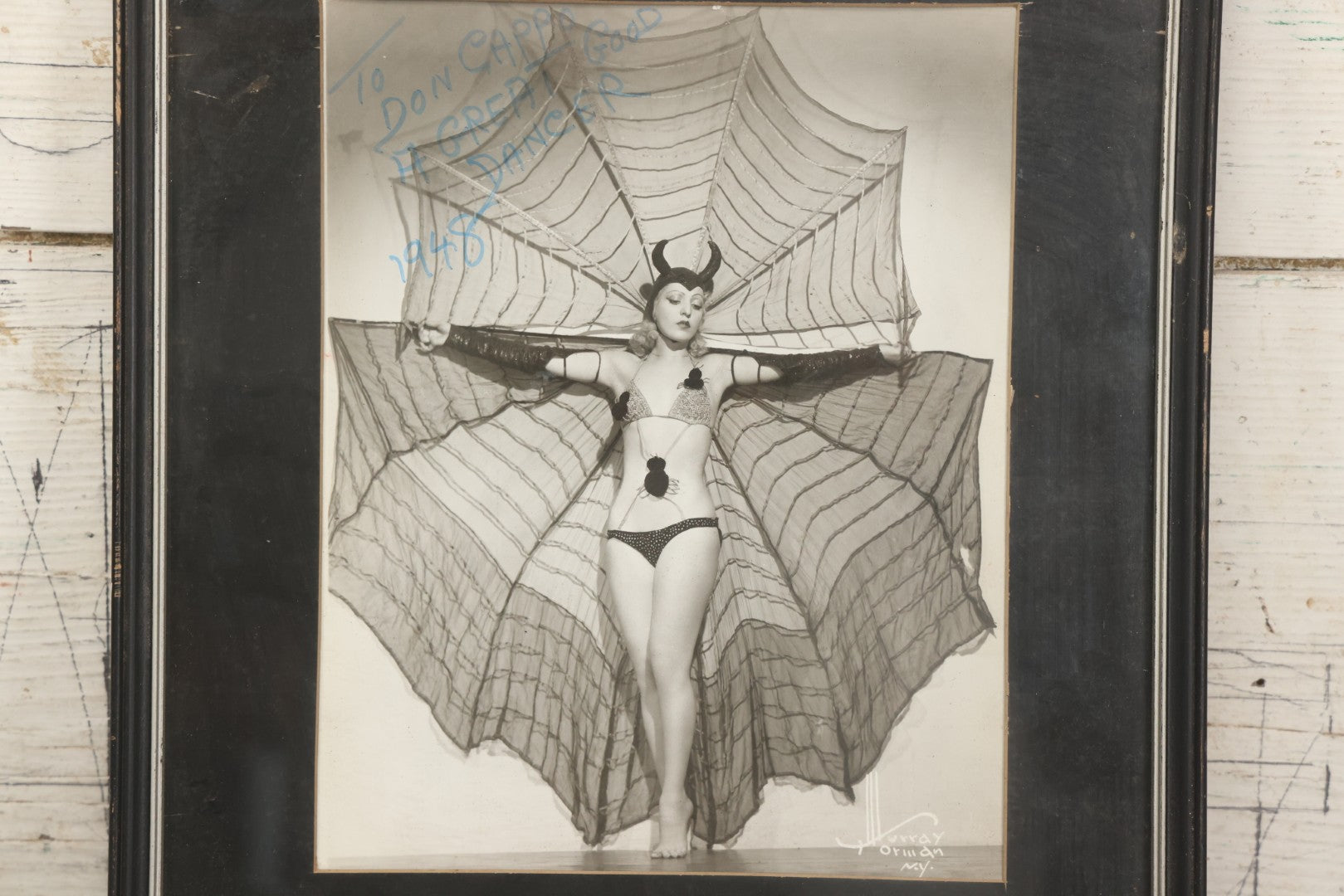 Lot 011 - Vintage Glossy Promotional Photograph Of Dancer In Risque Spider Costume, "Interpretation Of A Black Widow Spider," Photo By Murray Korman, New York City, Inscribed 1948 To Don Cappo, Possibly Depicting Dancer Lee Val, Framed, 11-3/4" x 13-3/4"