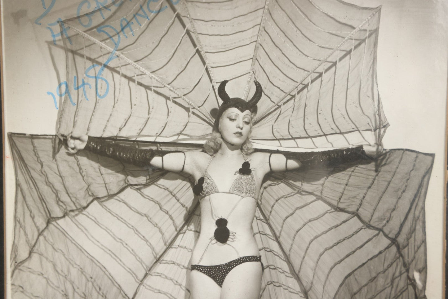 Lot 011 - Vintage Glossy Promotional Photograph Of Dancer In Risque Spider Costume, "Interpretation Of A Black Widow Spider," Photo By Murray Korman, New York City, Inscribed 1948 To Don Cappo, Possibly Depicting Dancer Lee Val, Framed, 11-3/4" x 13-3/4"