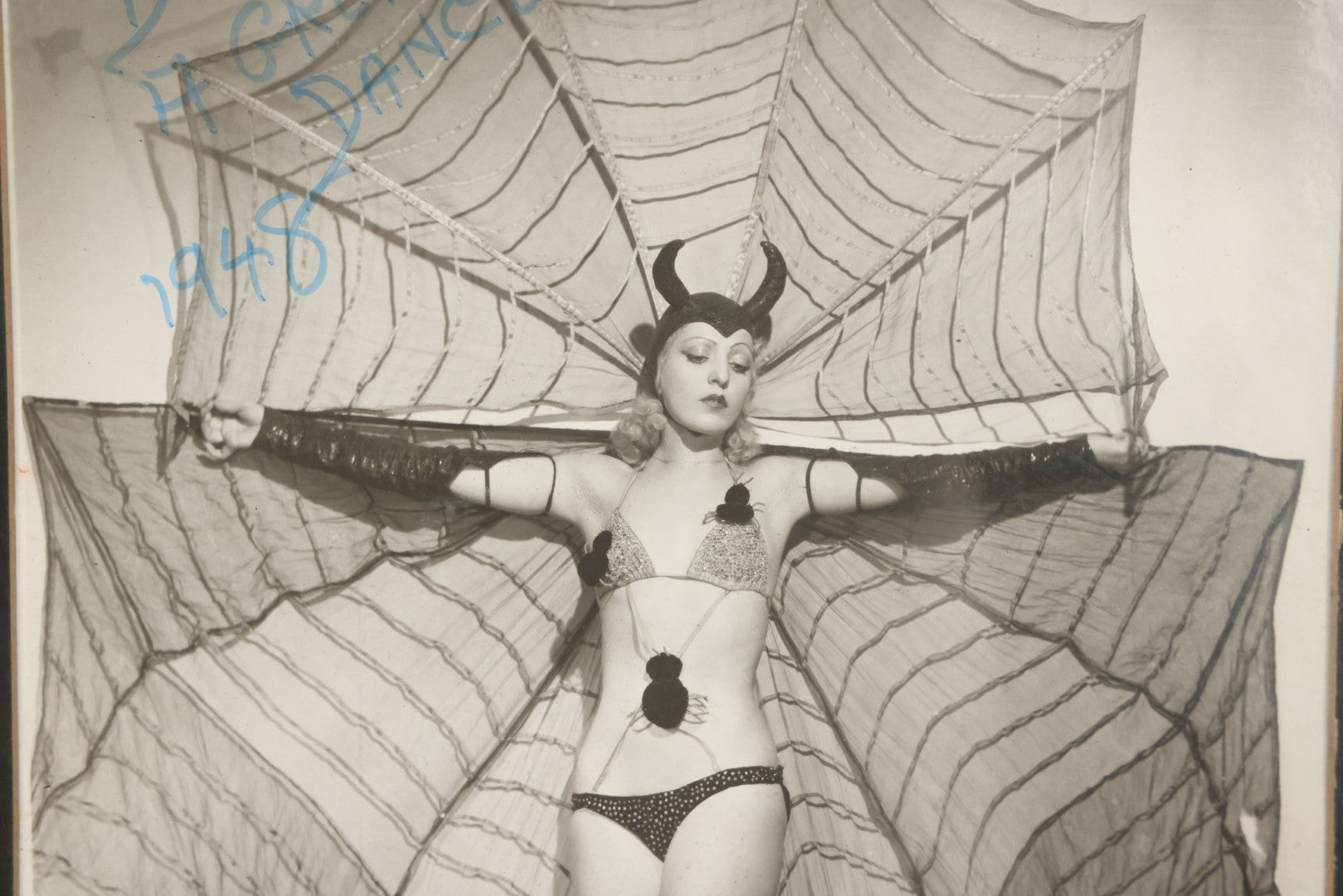 Lot 011 - Vintage Glossy Promotional Photograph Of Dancer In Risque Spider Costume, "Interpretation Of A Black Widow Spider," Photo By Murray Korman, New York City, Inscribed 1948 To Don Cappo, Possibly Depicting Dancer Lee Val, Framed, 11-3/4" x 13-3/4"