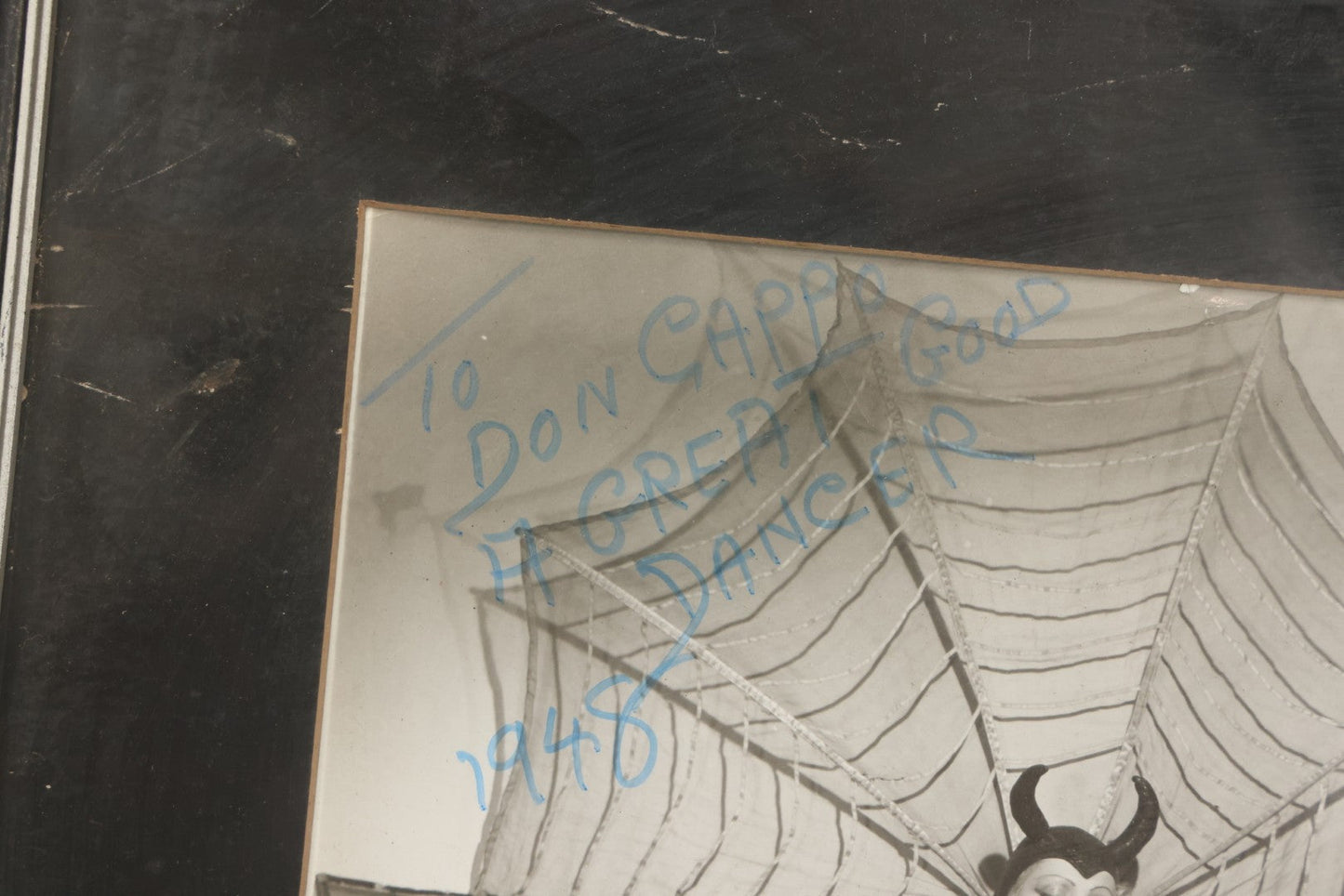 Lot 011 - Vintage Glossy Promotional Photograph Of Dancer In Risque Spider Costume, "Interpretation Of A Black Widow Spider," Photo By Murray Korman, New York City, Inscribed 1948 To Don Cappo, Possibly Depicting Dancer Lee Val, Framed, 11-3/4" x 13-3/4"