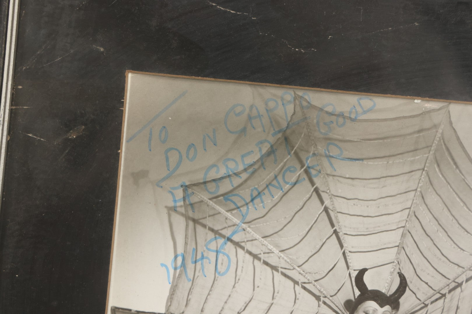 Lot 011 - Vintage Glossy Promotional Photograph Of Dancer In Risque Spider Costume, "Interpretation Of A Black Widow Spider," Photo By Murray Korman, New York City, Inscribed 1948 To Don Cappo, Possibly Depicting Dancer Lee Val, Framed, 11-3/4" x 13-3/4"