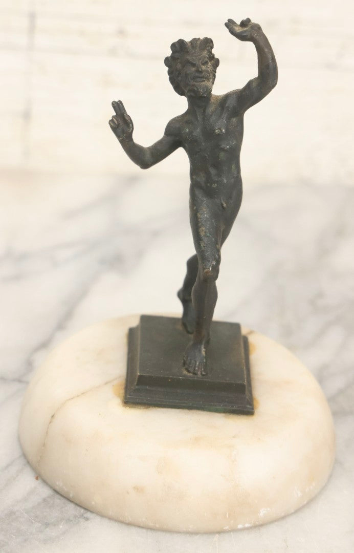 Lot 013 - Antique Cast Metal Nude Mythological Pan Statue In Victory Pose On Alabaster Base, 5-1/4" H