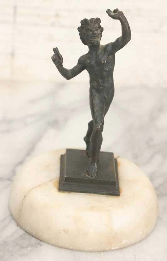 Lot 013 - Antique Cast Metal Nude Mythological Pan Statue In Victory Pose On Alabaster Base, 5-1/4" H