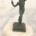 Lot 013 - Antique Cast Metal Nude Mythological Pan Statue In Victory Pose On Alabaster Base, 5-1/4" H