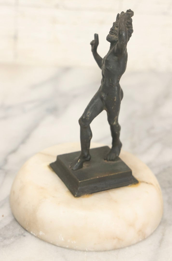 Lot 013 - Antique Cast Metal Nude Mythological Pan Statue In Victory Pose On Alabaster Base, 5-1/4" H