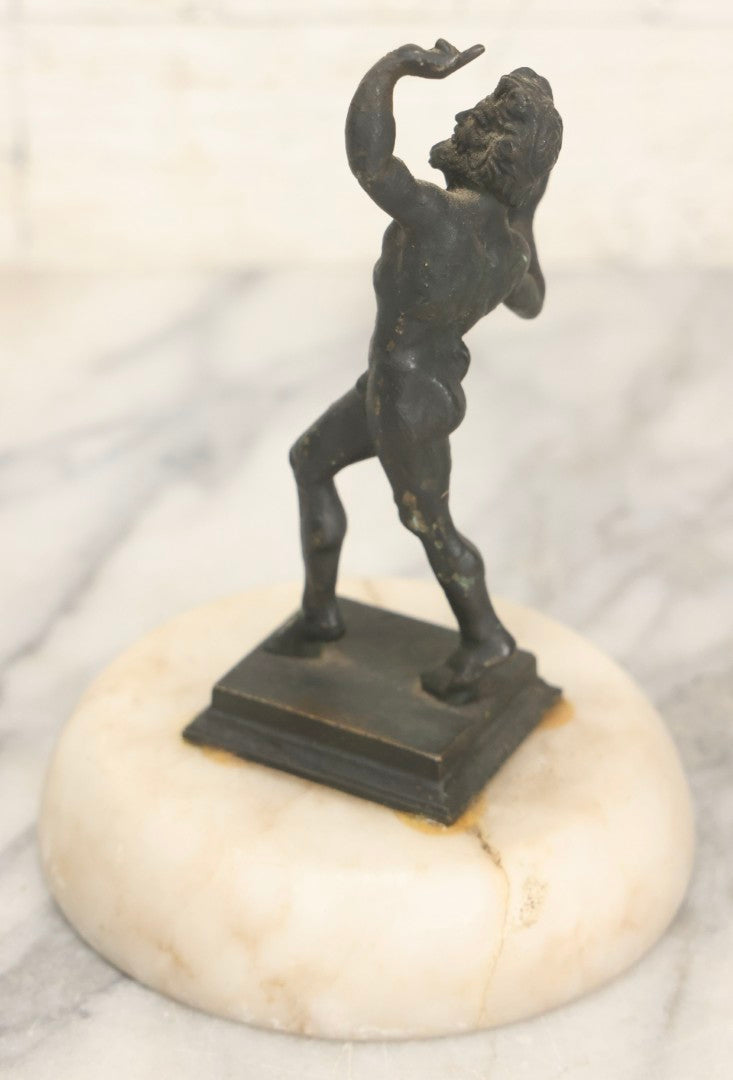 Lot 013 - Antique Cast Metal Nude Mythological Pan Statue In Victory Pose On Alabaster Base, 5-1/4" H