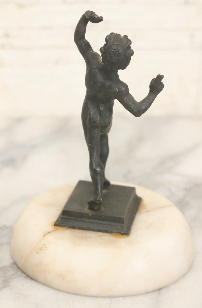 Lot 013 - Antique Cast Metal Nude Mythological Pan Statue In Victory Pose On Alabaster Base, 5-1/4" H