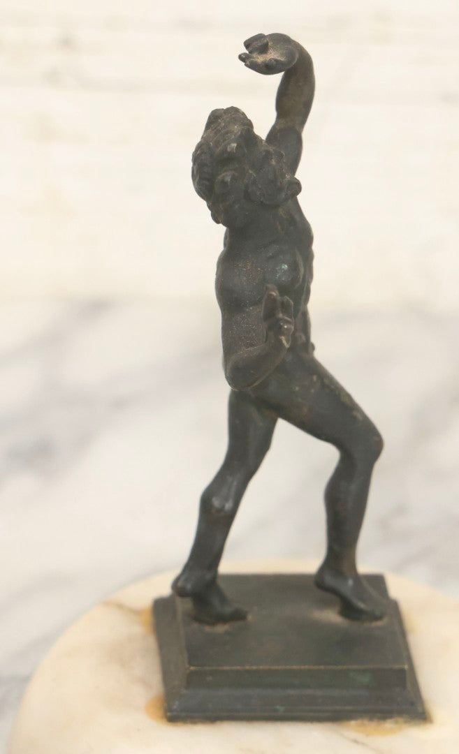 Lot 013 - Antique Cast Metal Nude Mythological Pan Statue In Victory Pose On Alabaster Base, 5-1/4" H