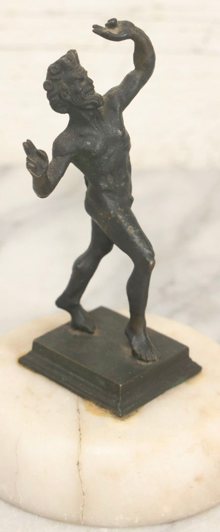 Lot 013 - Antique Cast Metal Nude Mythological Pan Statue In Victory Pose On Alabaster Base, 5-1/4" H