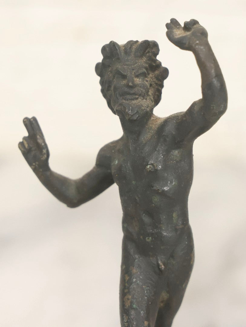Lot 013 - Antique Cast Metal Nude Mythological Pan Statue In Victory Pose On Alabaster Base, 5-1/4" H