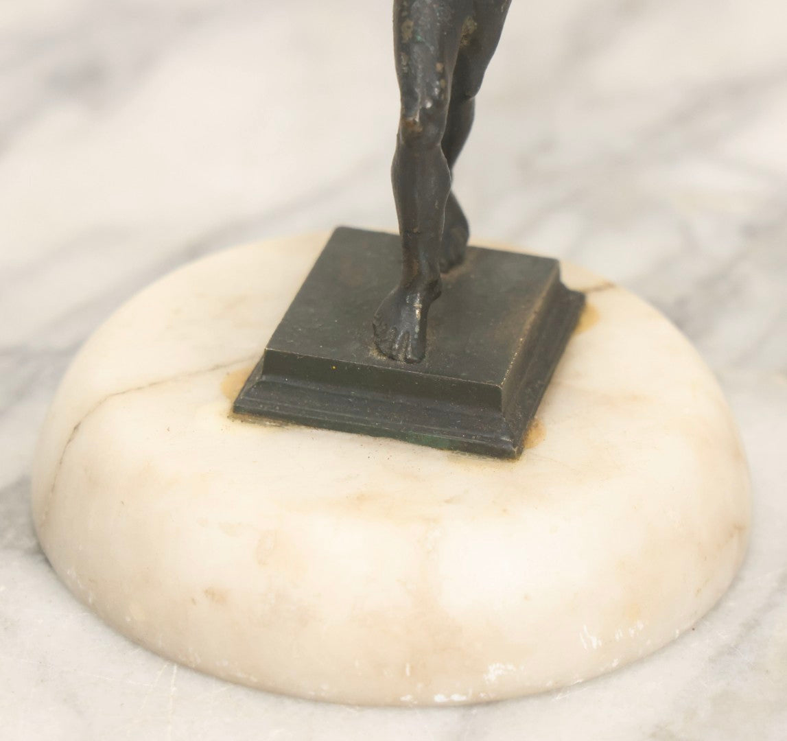 Lot 013 - Antique Cast Metal Nude Mythological Pan Statue In Victory Pose On Alabaster Base, 5-1/4" H