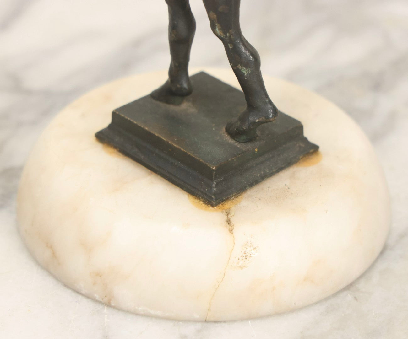 Lot 013 - Antique Cast Metal Nude Mythological Pan Statue In Victory Pose On Alabaster Base, 5-1/4" H