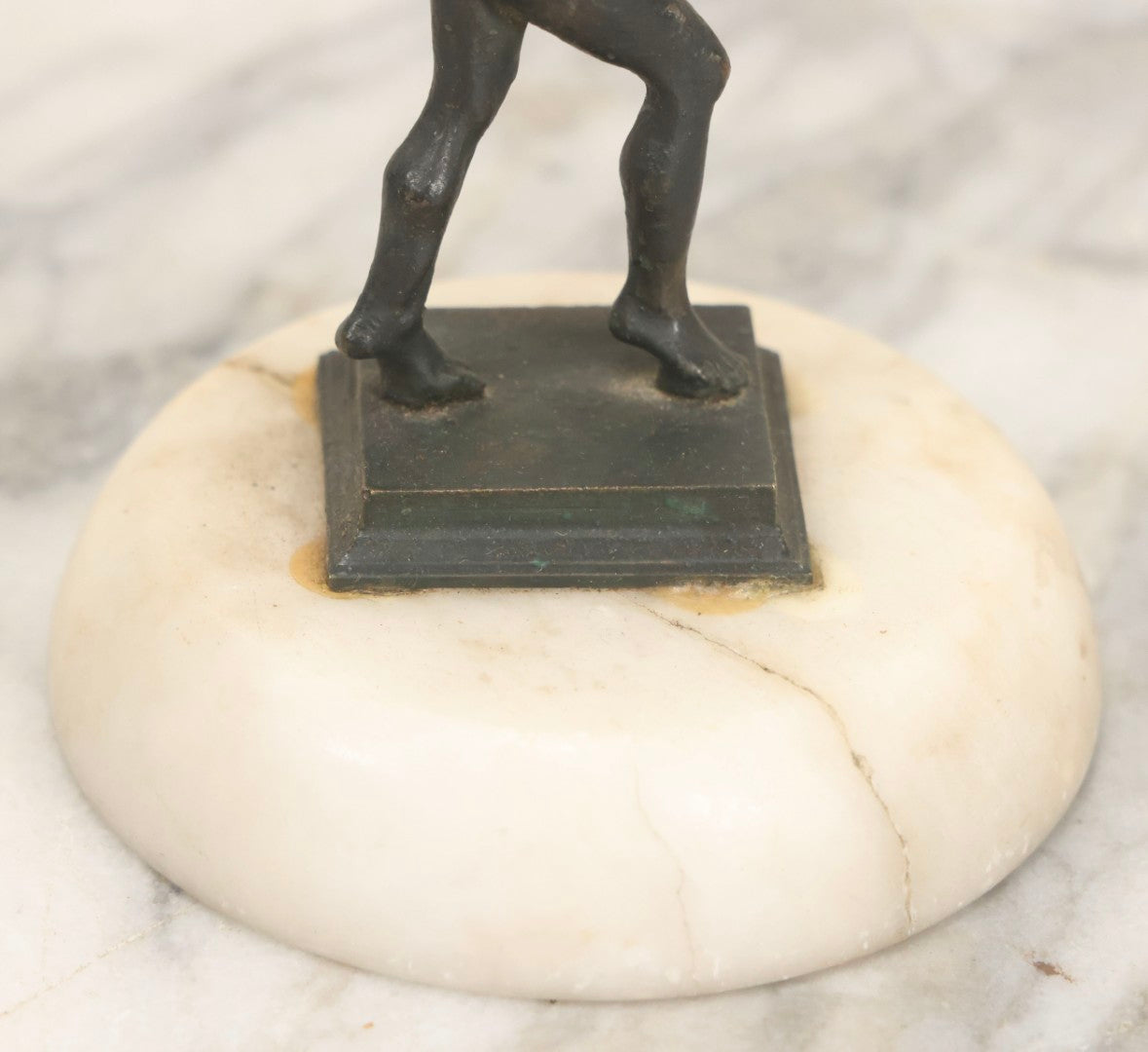 Lot 013 - Antique Cast Metal Nude Mythological Pan Statue In Victory Pose On Alabaster Base, 5-1/4" H