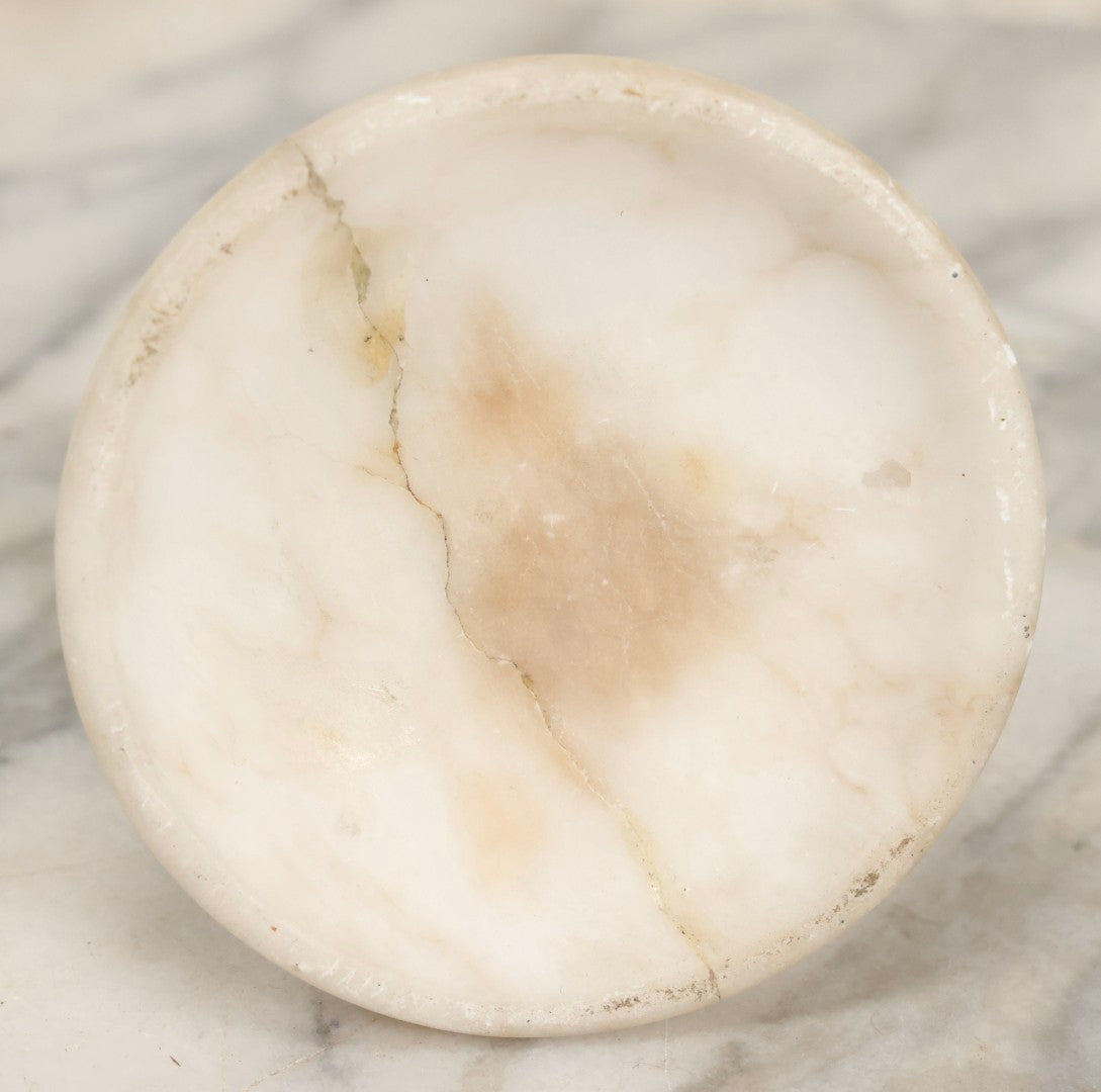 Lot 013 - Antique Cast Metal Nude Mythological Pan Statue In Victory Pose On Alabaster Base, 5-1/4" H