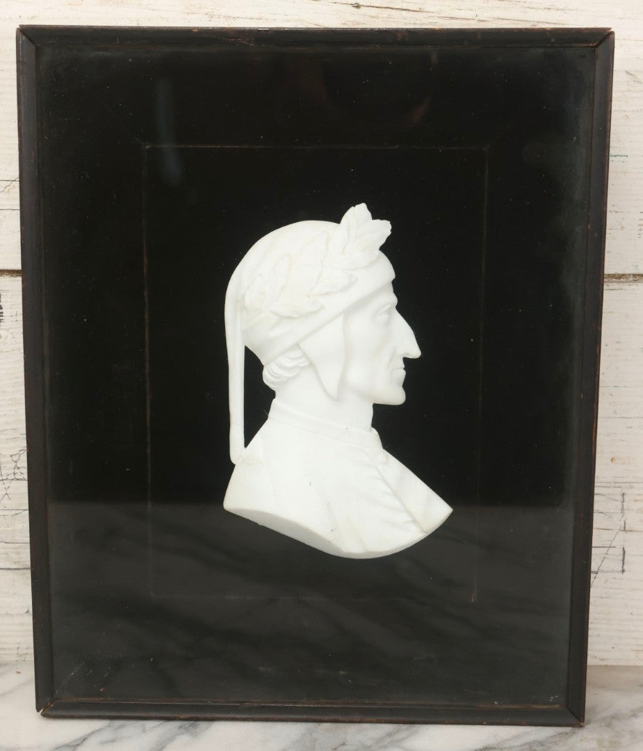 Lot 014 - Antique Shadowbox With Marble Bust In Profile Of Dante Alighieri, Black Velvet Backing, Frederick Keppel & Co., New York City, Marked No. D 355, 11" x 13-5/8"