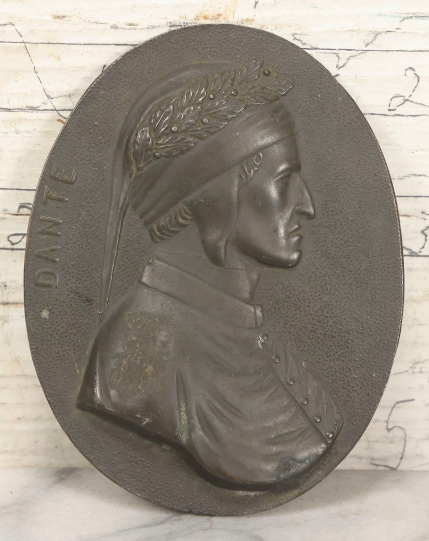 Lot 015 - Antique Pressed Bronze Oval Portrait Plaque Of Dante Alighieri In Profile With Hanging Loop On Verso, 3-1/2" x 4-1/2"